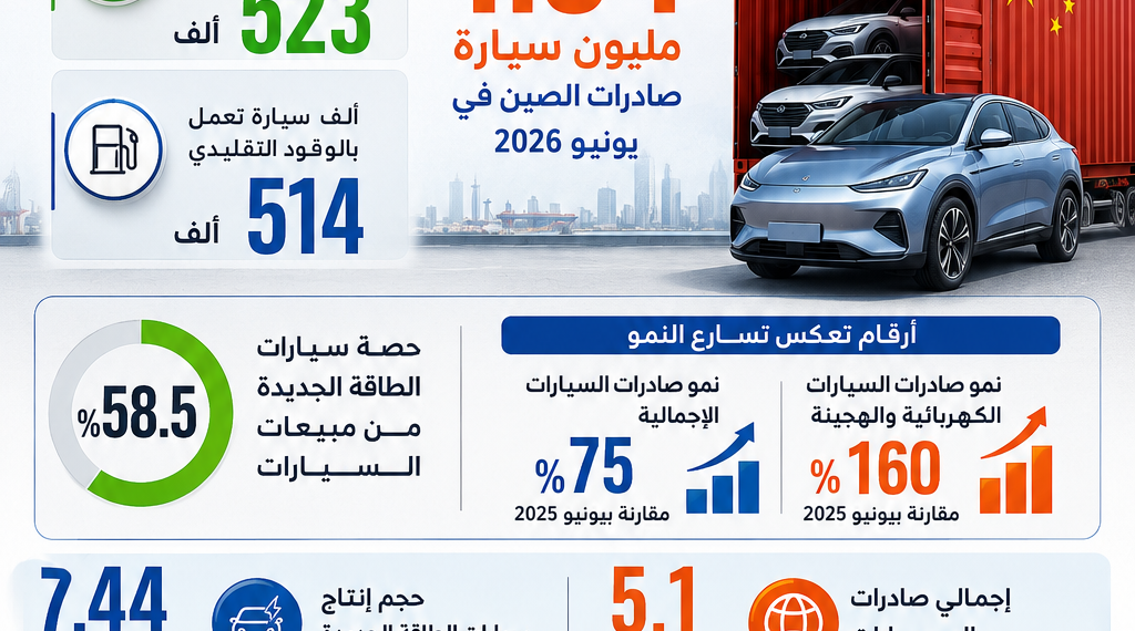 بالإنفوغرافيك الصين تكسر حاجز المليون سيارة في شهر واحد لأول مرة.. صادرات يونيو تقفز إلى 1.04 مليون مركبة
